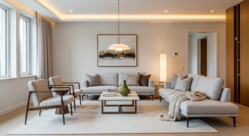 16 Affordable Cozy Home Decor for Modern Interiors 17 Minimalist modern living room with cozy textiles and warm ambient light.