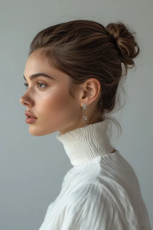 Trendy Fashion & Hairstyle Ideas for a Modern Look 4 Model wearing a minimalist white outfit with a sleek low bun and subtle vintage accessories in a neutral studio background.