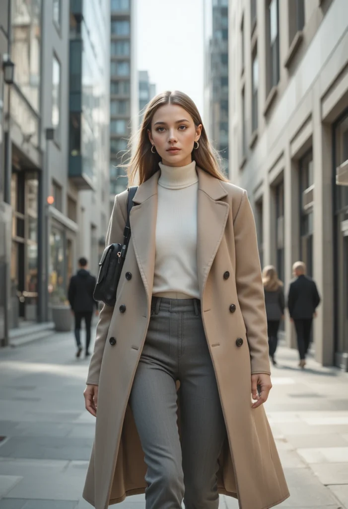 Street Style 2025: The Ultimate Guide to Modern Urban Fashion 1 A model in neutral layered streetwear walking through a sleek urban setting, showcasing 2025’s modern minimalist style.