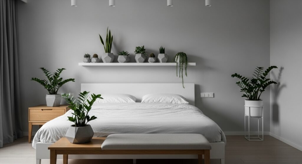 Modern Plant Lover Bedroom Ideas for a Serene Escape 17 Minimalist bedroom with low-maintenance plants and clean, modern decor.