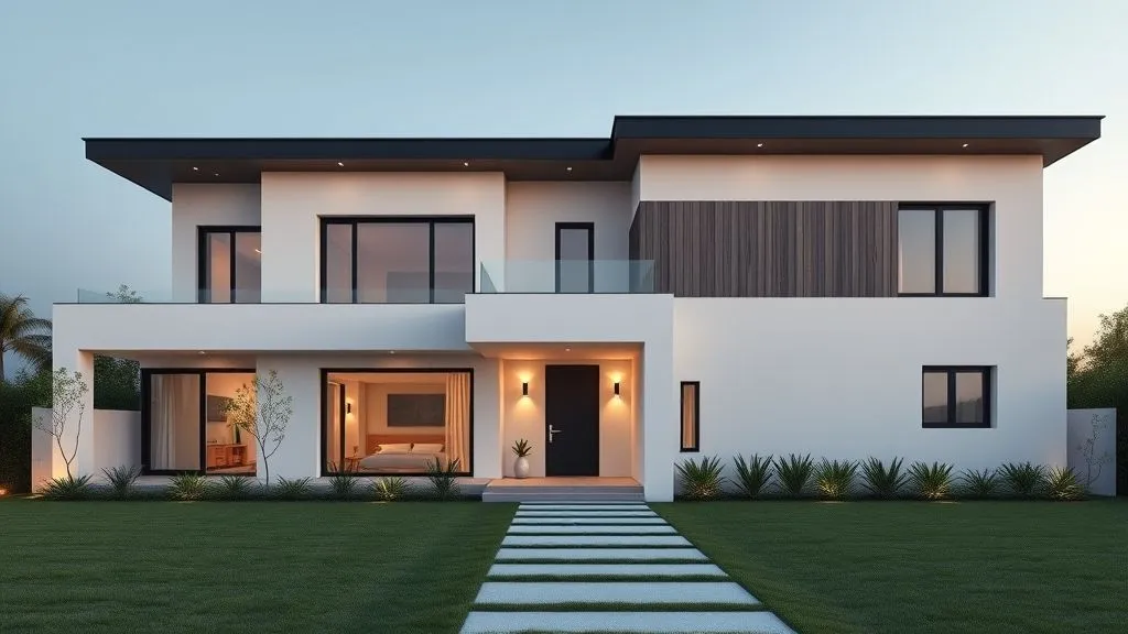 Stunning House Designs Exterior Ideas 2 A sleek modern minimalist house with flat rooflines, white and gray walls, black window frames, and wooden accents under soft evening lighting.