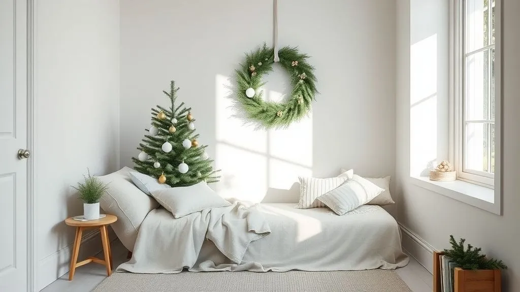 Christmas Reading Nook 3 Modern minimalist Christmas reading nook with white décor, chaise lounge, and pine wreath.