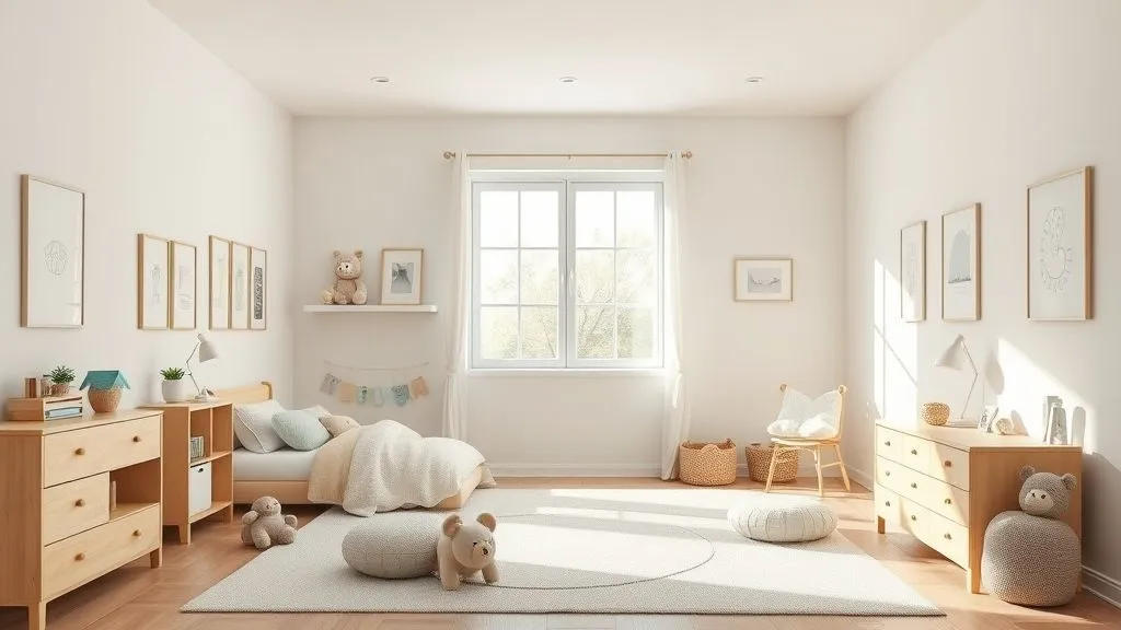 Modern minimalist kids room with light wood furniture, neutral palette, and soft colorful accents.