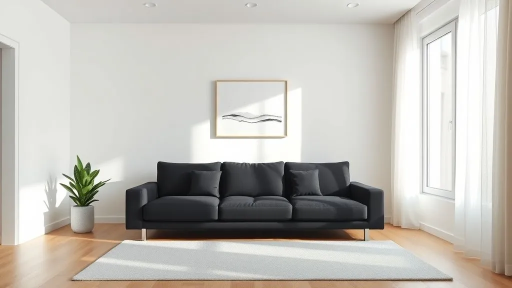 Black Couch Living Room Decor Ideas for a Stylish and Modern Home 2 Modern minimalist living room in 16:9 view with black sofa, white walls, and neutral décor for a clean and elegant look.