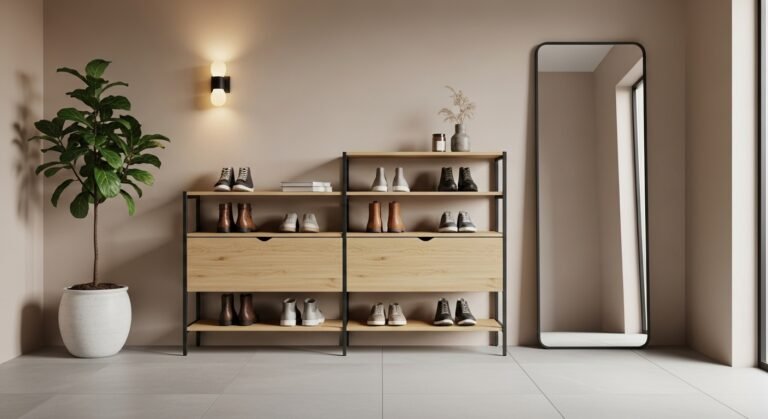 Hyper-realistic modern shoe rack with wooden and metal shelves, organized footwear, and minimalist entryway decor with warm lighting.