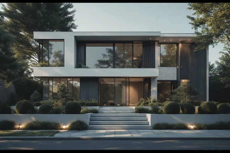 Chic Townhouse Exterior Designs 2 Full 16:9 view of a modern minimalist townhouse with clean white and gray design, black windows, and simple landscaping.