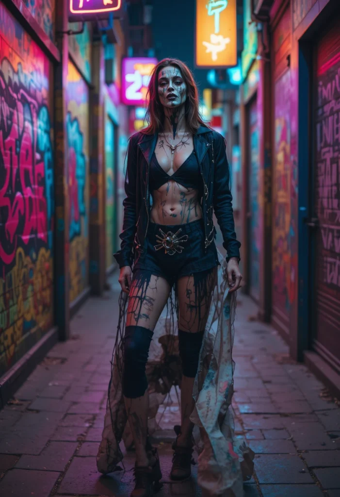 10+Spooky Halloween Outfit Ideas 11 A model with creative monster makeup and streetwear posing in a neon-lit city alley for a modern Halloween look.