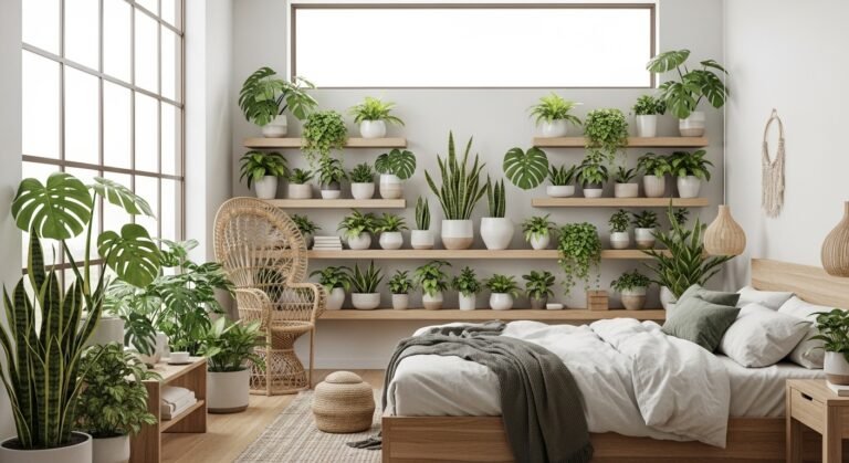 Modern plant lover bedroom with lush greenery, wooden furniture, and soft neutral tones creating a serene, nature-inspired retreat.