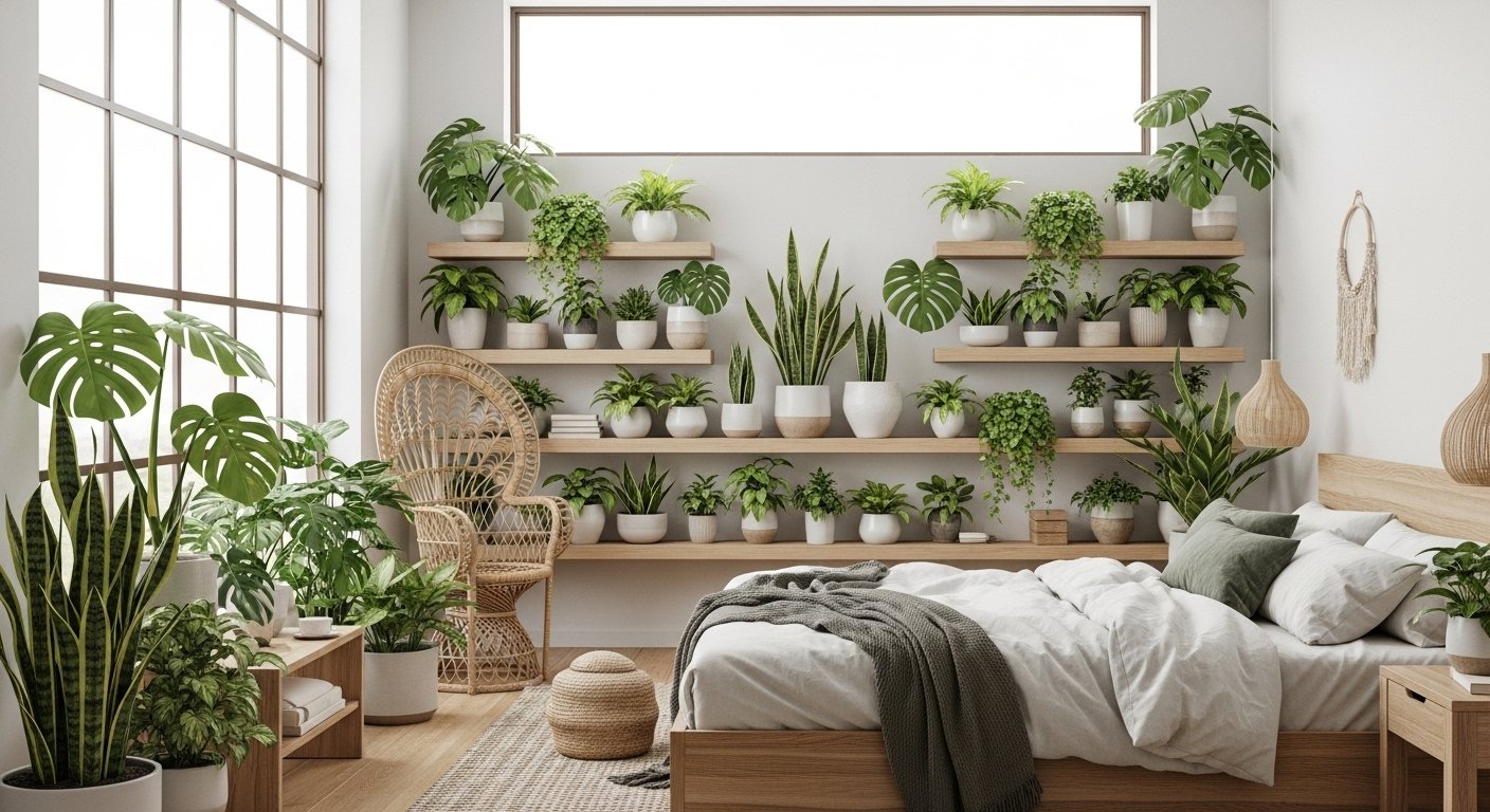 Modern plant lover bedroom with lush greenery, wooden furniture, and soft neutral tones creating a serene, nature-inspired retreat.