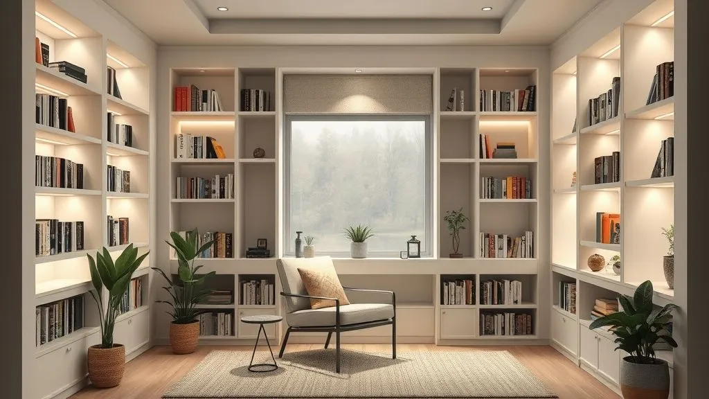 Beautiful and Cozy Reading Nook Ideas 9 Modern reading nook with built-in shelves and warm lighting.