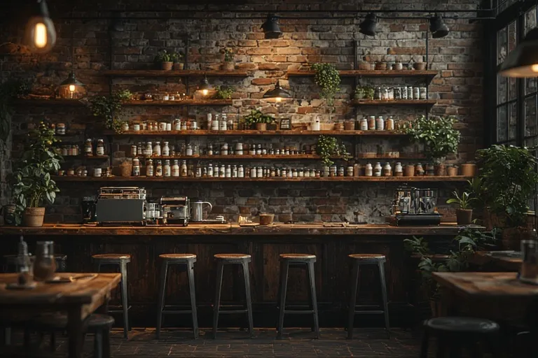 Cozy Coffee Bar Ideas for Every Home 18 Modern rustic coffee bar with wood and metal shelves styled with plants and mugs.
