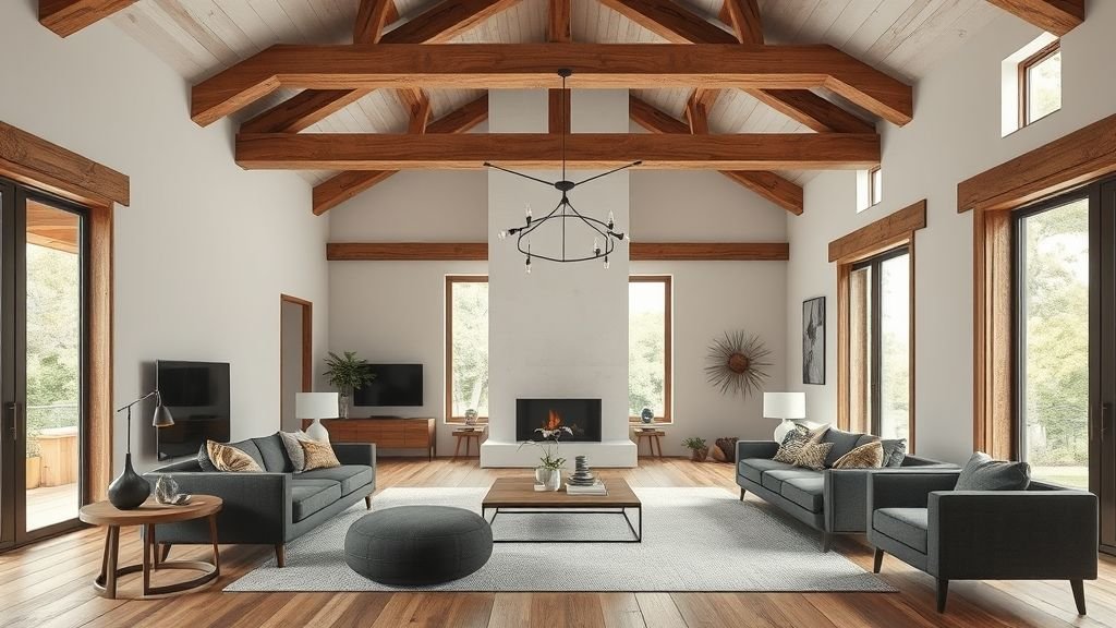 Rustic Cabin Interiors: The Ultimate Guide to Cozy and Natural Home Decor 9 Modern rustic fusion interior combining sleek furniture with natural wood elements.