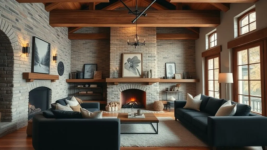 Black Couch Living Room Decor Ideas for a Stylish and Modern Home 16 Modern rustic living room with black couch, brick fireplace, and warm textured décor.