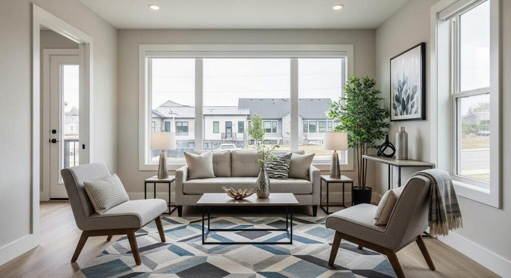 16 Budget-Friendly Living Room Makeover Ideas 4 Modern living room with rearranged furniture and creative seating layout.
