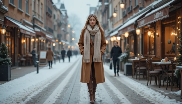 Chic Stockholm winter street style featuring a woman in a camel coat, knit scarf, and boots with snowy Scandinavian city backdrop.