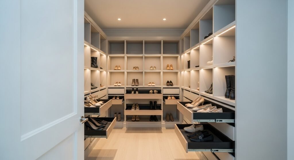 Shoe Storage Ideas for a Stylish and Organized Home 12 Organized closet with a dedicated shoe section and pull-out shelves.