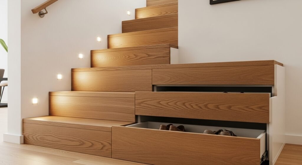 Shoe Storage Ideas for a Stylish and Organized Home 16 Staircase with hidden pull-out drawers for discreet shoe storage in a modern home.