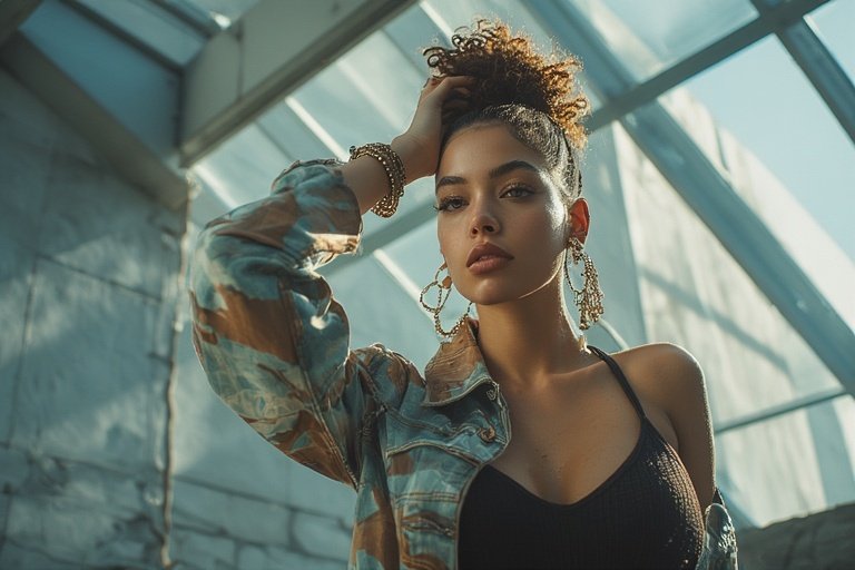 Trendy woman showcasing modern fashion and style in an urban street setting.