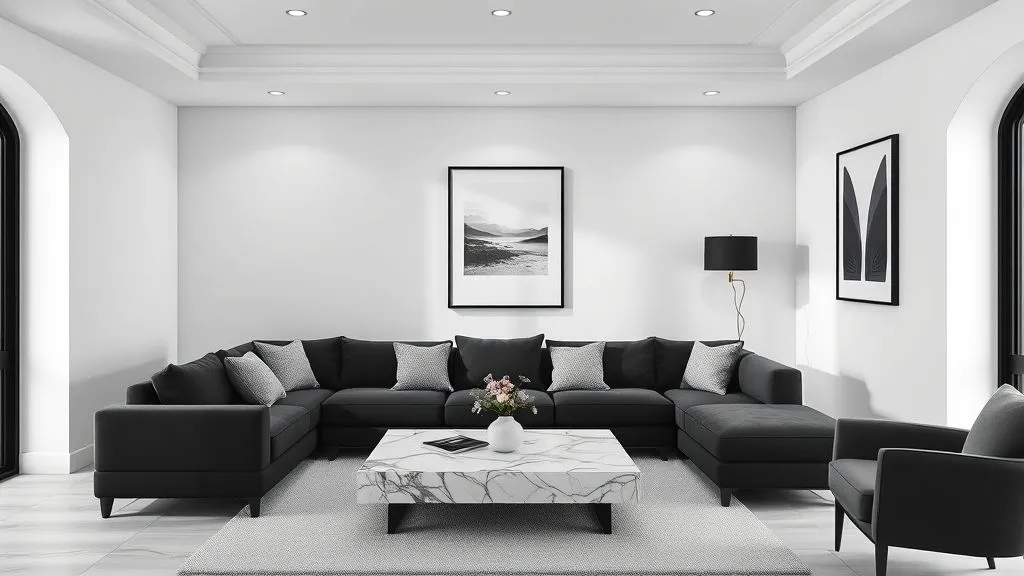 Black Couch Living Room Decor Ideas for a Stylish and Modern Home 10 Monochrome living room featuring black sofa, white walls, and minimal modern décor.