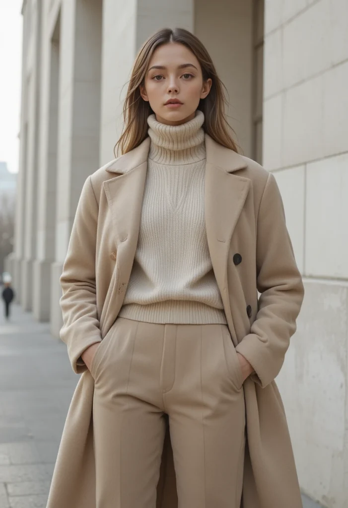 Stylish monochrome winter outfit in beige tones, featuring a wool trench and tailored pants — Stockholm fashion minimalism.