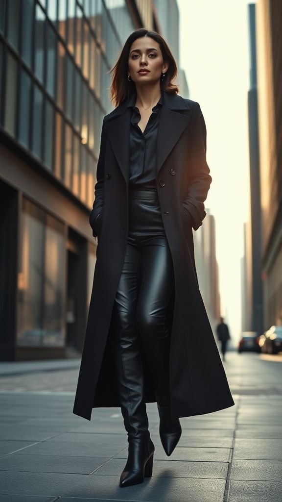 Street Style 2025: Bold Trends to Watch 3 Woman in all-black monochrome outfit walking through an urban street, showcasing texture-rich minimalism in 2025 fashion.