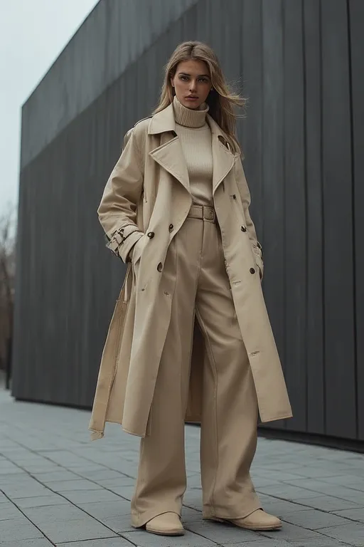 10+Chic Street Style Outfits Ideas 6 Monochrome beige street style outfit with trench coat and wide-leg trousers.