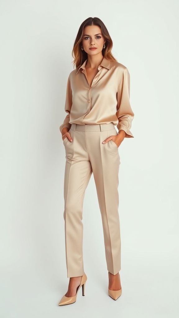 business casual outfits 7 Woman in full beige monochrome outfit, showcasing sleek and minimalist business casual fashion.