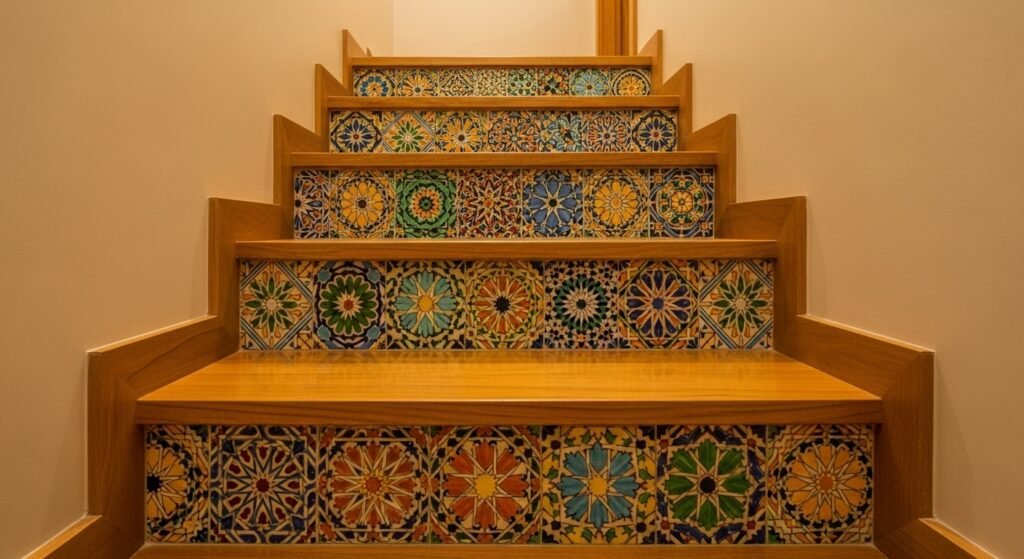 Creative Staircase Transformation Ideas 13 Staircase with colorful Moroccan tile risers and wooden treads.