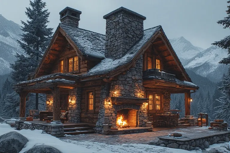 Charming Cottage Ideas for Timeless Comfort 13 Mountain stone-and-wood cottage with large chimney and warm fireplace glow.