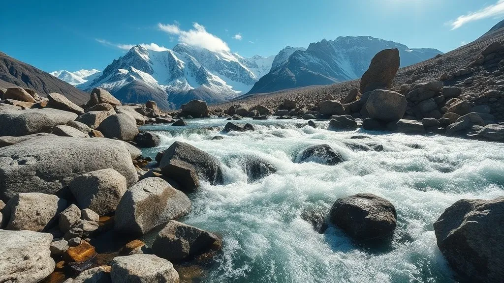 Beautiful Nature Ideas with Waterfalls 3 Mountain stream cascading over rocks with sunlight and snowy peaks in the background.