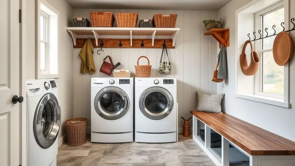Mudroom laundry combo with storage bench and coat hooks.