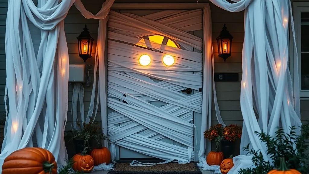 Spooky & Stylish Halloween Outdoor Decorations 10 Front door decorated like a mummy with white streamers and glowing eyes.
