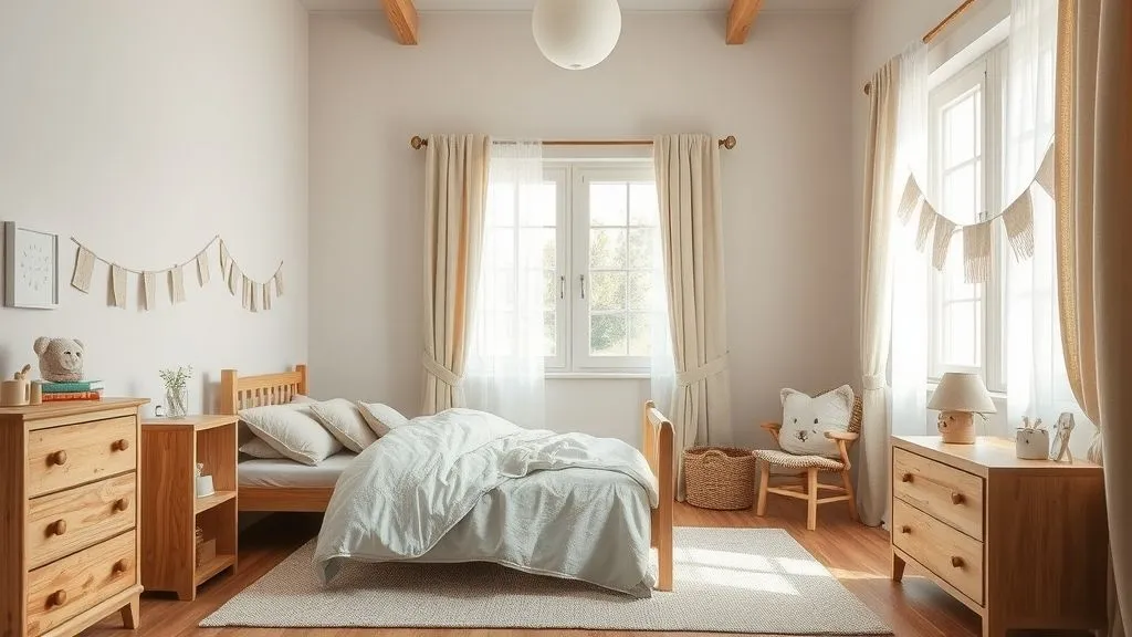 Kids’ bedroom with natural wood furniture and linen decor.