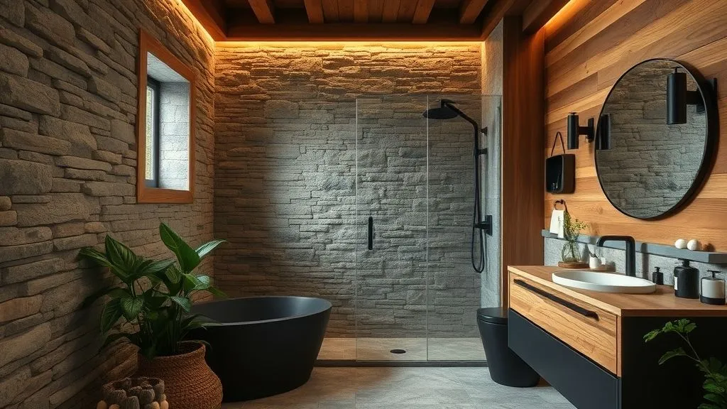 Master Bathrooms with Walk-In Showers 6 Walk-in shower with stone tiles, wood details, and black fixtures creating a modern natural look.