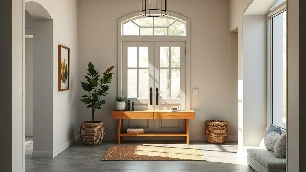 Modern entryway with wooden console, potted plant, and woven basket.