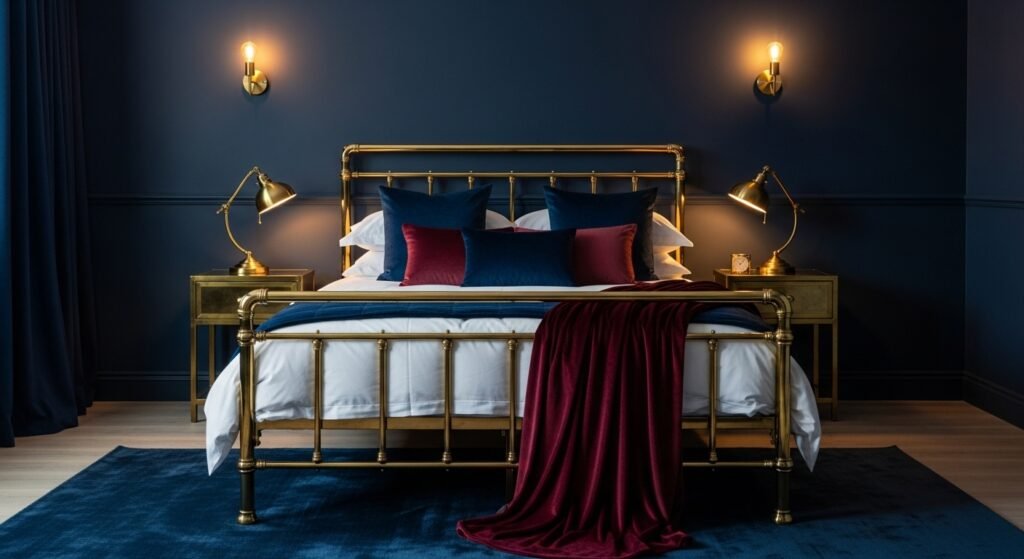 10 Elegant Bedroom Interiors for Modern Homes 5 Navy and brass modern bedroom with velvet upholstery and warm golden light.