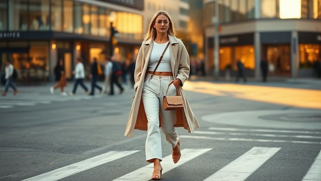 Stylish woman in beige trench coat, cream trousers, and white crop top crossing a city street at golden hour, showcasing effortless neutral outfit ideas