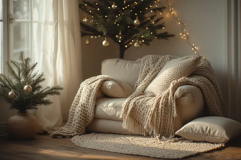 Christmas Reading Nook 12 Neutral cozy Christmas nook with cream tones, soft blankets, and subtle décor.