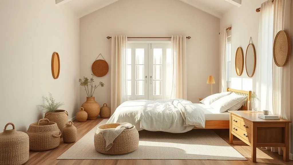 Neutral kids bedroom with natural textures, beige tones, and cozy wooden furniture.