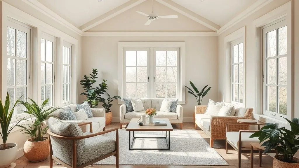 Bright & Cozy Sunroom Ideas 16 Neutral-toned sunroom with beige and gray furniture in soft light.