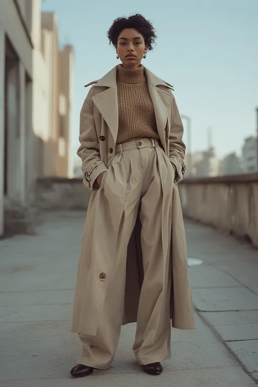 10+ Stockholm Style Ideas 3 Scandinavian monochrome outfit in beige tones with trench coat and knitwear, styled in minimalist Stockholm street setting.