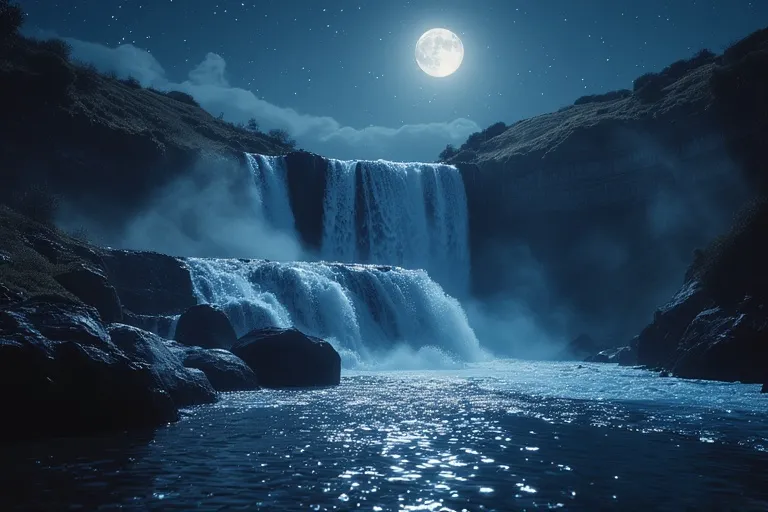 Beautiful Nature Ideas with Waterfalls 15 Waterfall glowing under moonlight with mist and starry night sky.