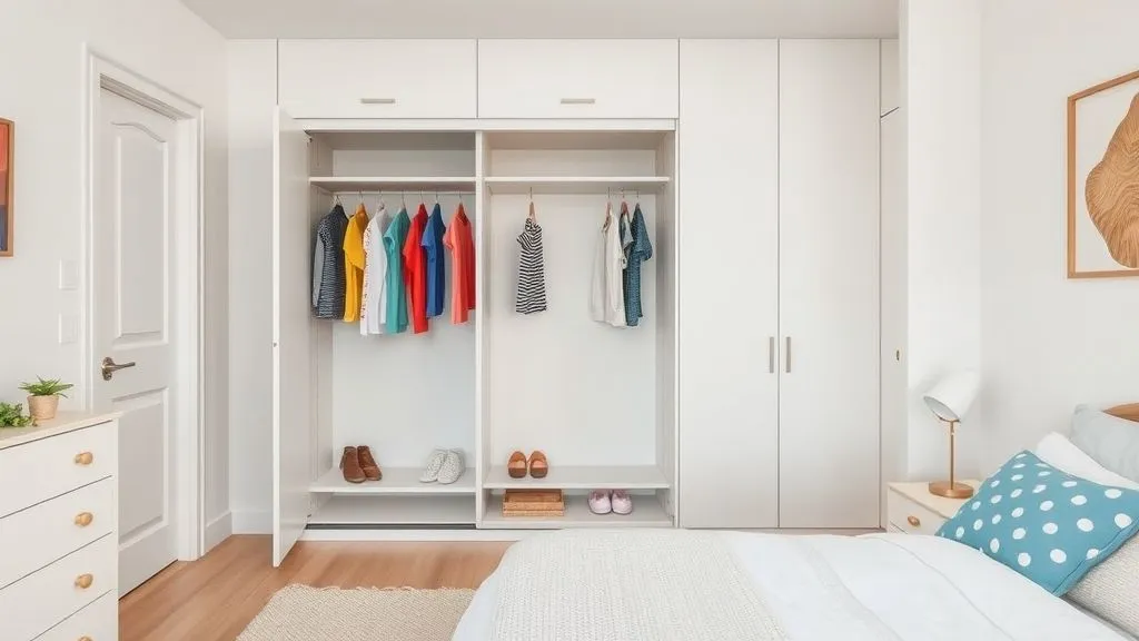 Kids’ room with open closet and organized clothing racks.