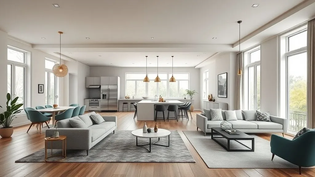 Modern Living Room Ideas for Every Style 4 Open-concept modern living room flowing into kitchen and dining area with rugs and lighting defining each zone.