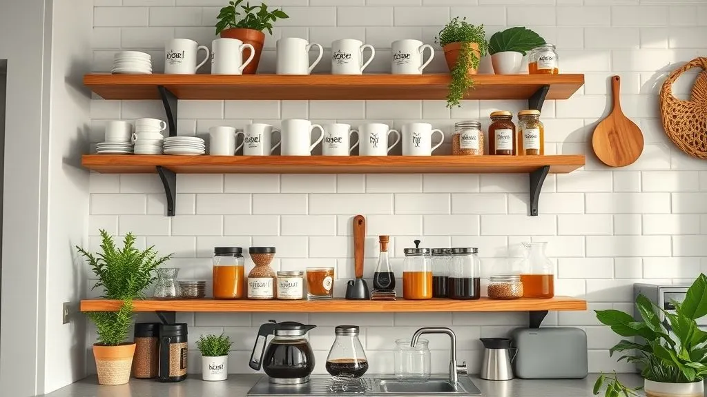 Cozy Coffee Bar Ideas for Every Home 11 Open-shelf coffee display with neatly arranged jars and mugs in bright home kitchen.