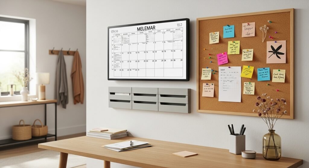 16 Functional Entryway Organization Tips for Everyday Living 13 Functional entryway command center with calendar, corkboard, and mail organizer.