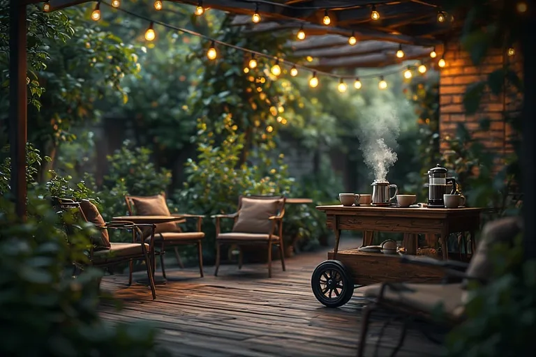 Cozy Coffee Bar Ideas for Every Home 21 Outdoor patio coffee setup with bar cart, string lights, and cozy seating for mornings.