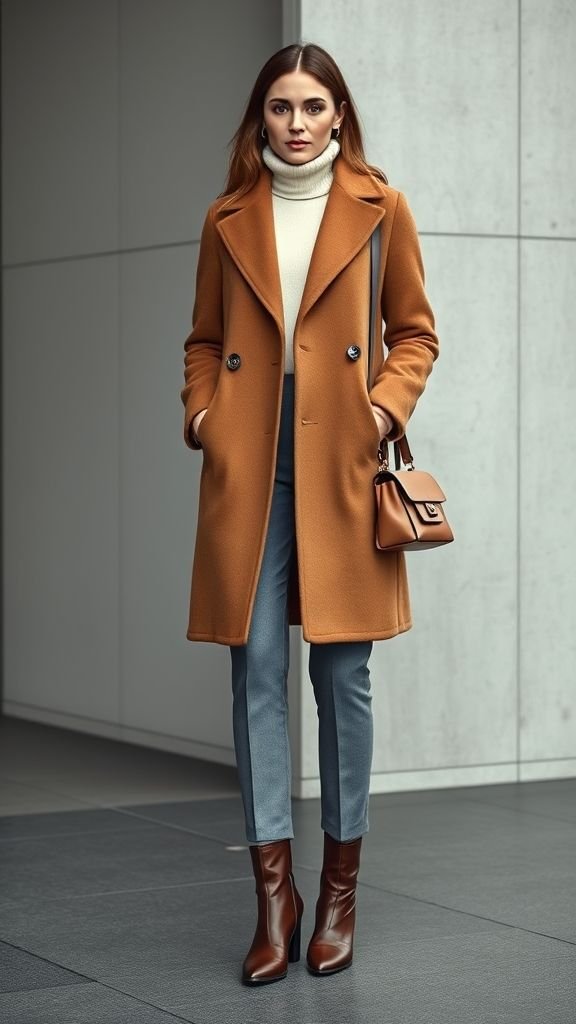 Effortless Neutral Outfits Ideas 8 Camel wool coat styled with grey trousers and cream turtleneck for polished neutral outfit