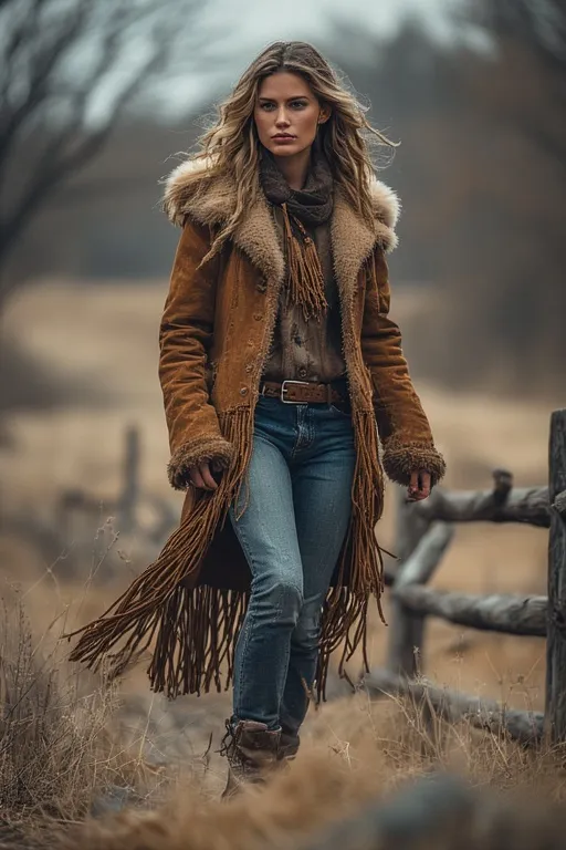 10 Cowgirl Style Outfit Ideas 8 Stylish woman in a suede fringe jacket and jeans showcasing Western-inspired outerwear.