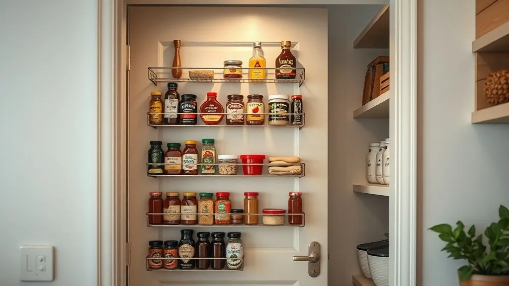 Kitchen and Pantry Organization 5 Full-view small pantry with over-the-door racks holding spices and condiments in a bright kitchen.